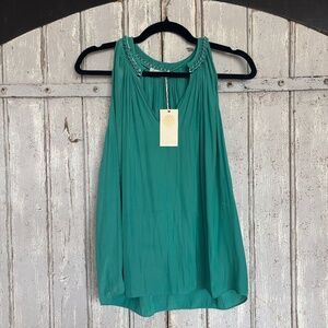 NWT Ramy Brook Peacock Green Sleeveless Silky Top with Silver Chain Neck Detail
